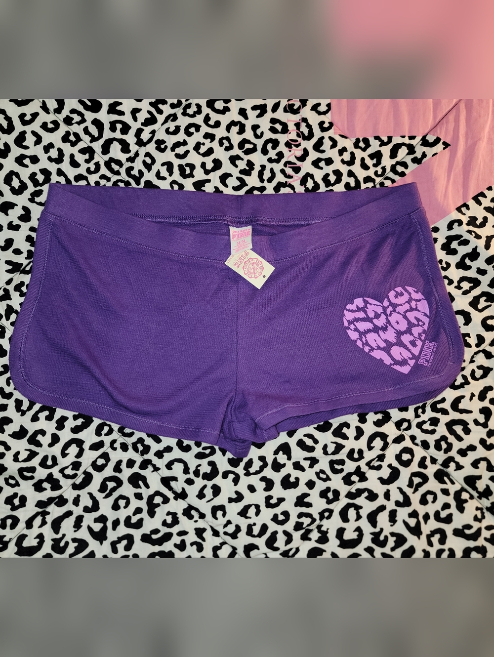 2011 PINK Victoria's Secret Purple Leopard Heart Shorts I Only Sleep In Pink